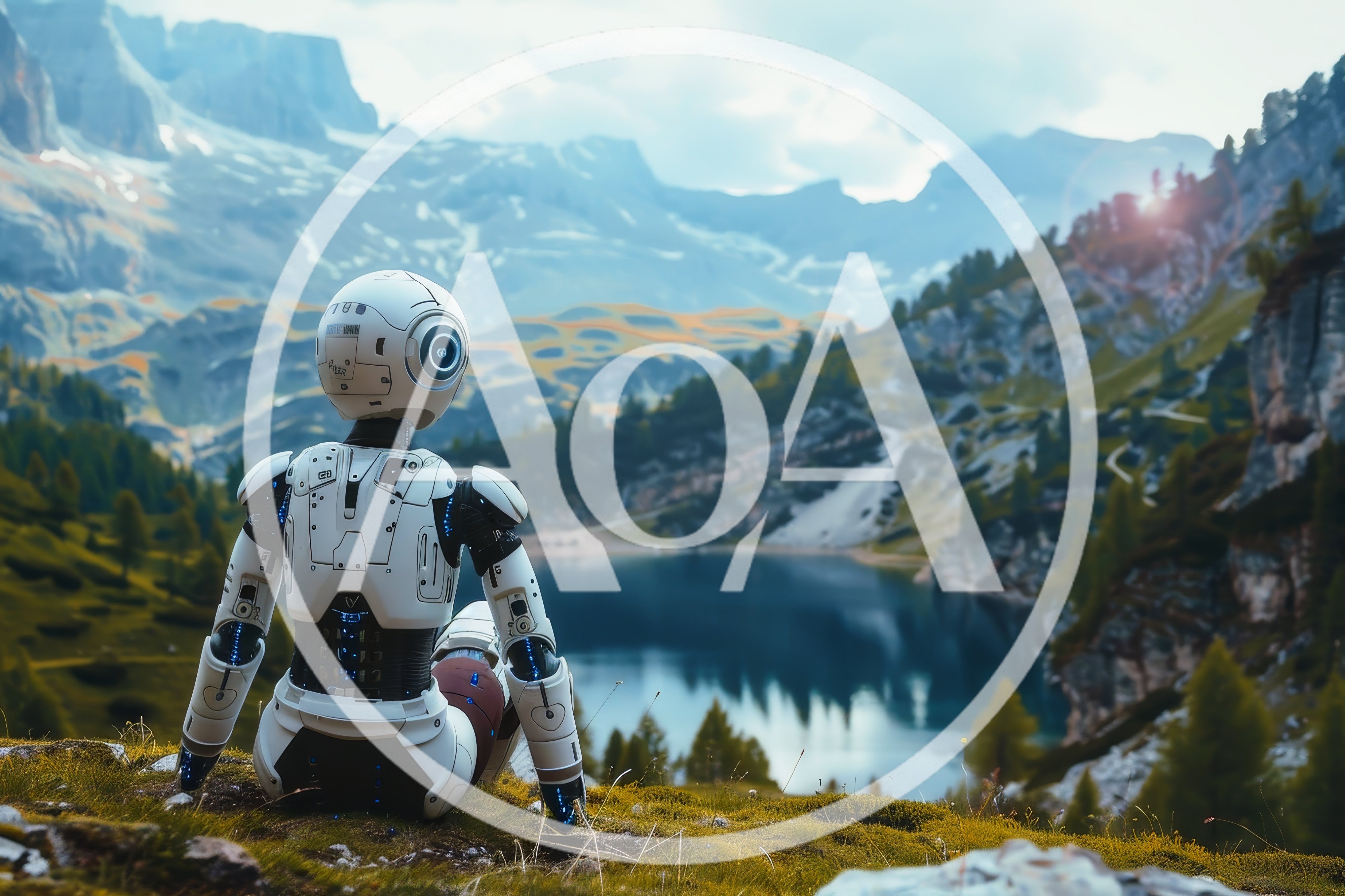Futuristic Robot Sitting Alone Overlooking A Mountain Lake