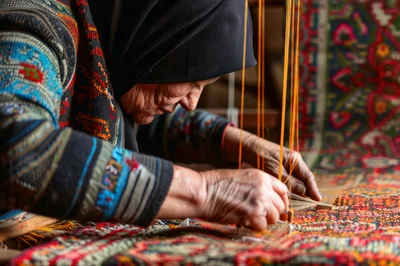 Elderly Woman Weaving Traditional Carpet on Loom