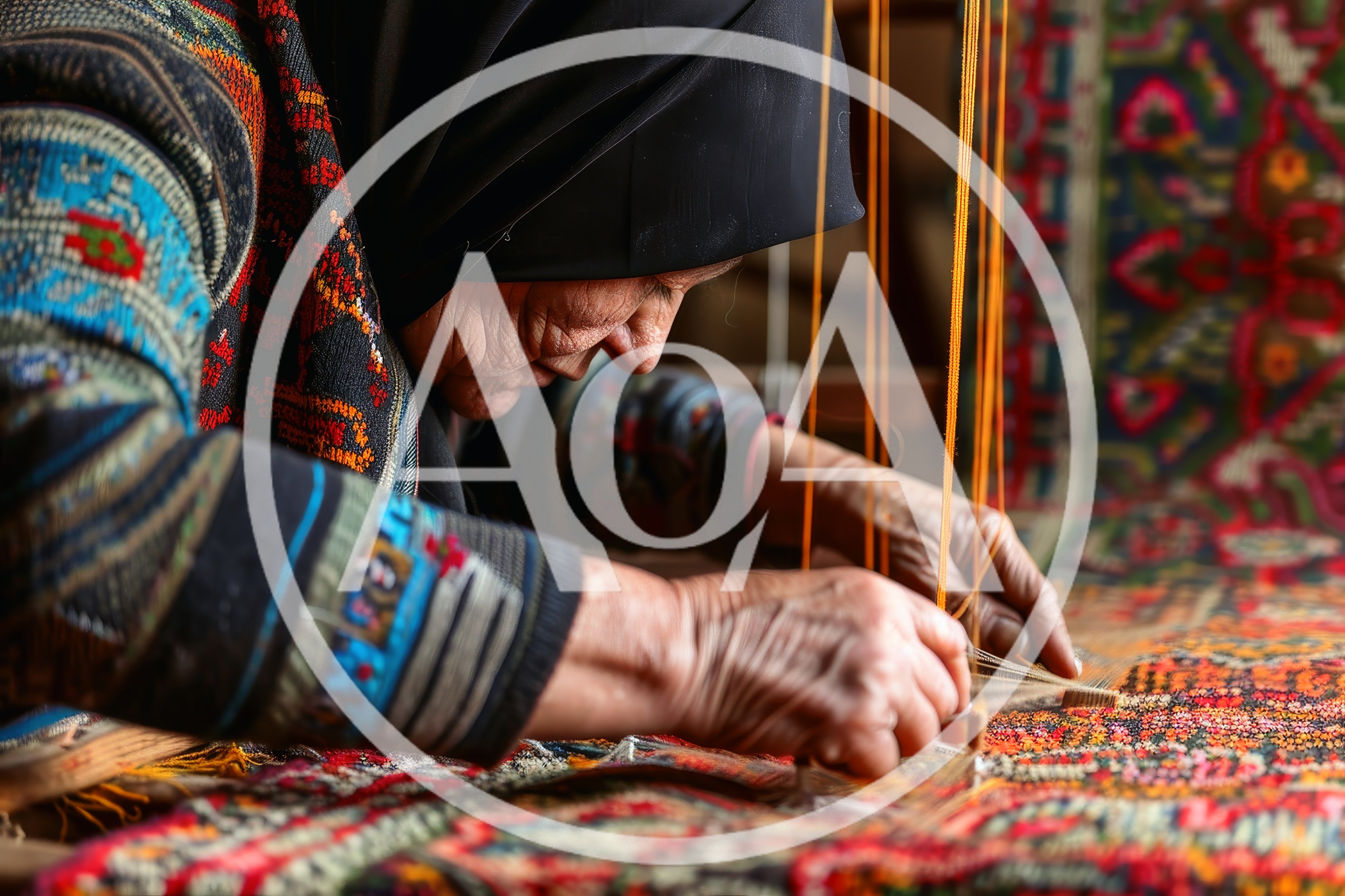 Elderly Woman Weaving Traditional Carpet on Loom