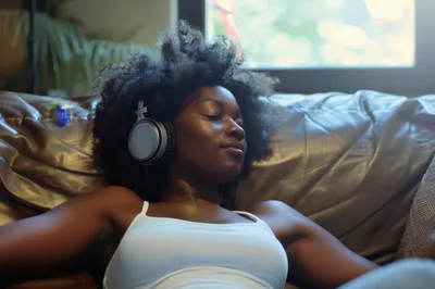 Young Woman Relaxing On Sofa With Headphones