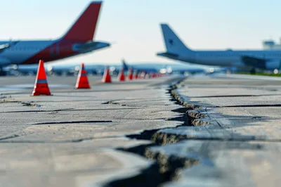 Cracked Airport Runway Surface With Traffic Cones