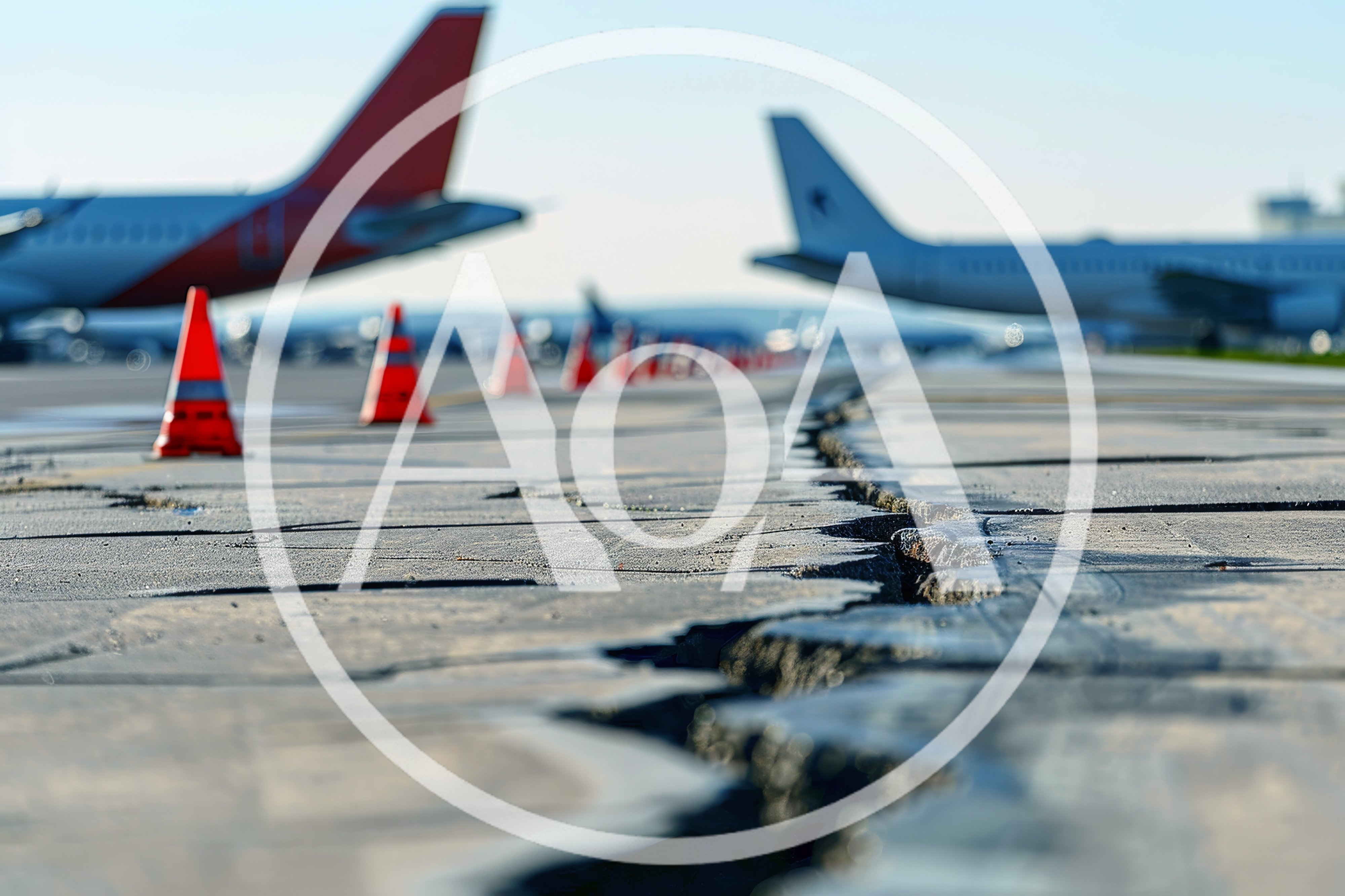 Cracked Airport Runway Surface With Traffic Cones
