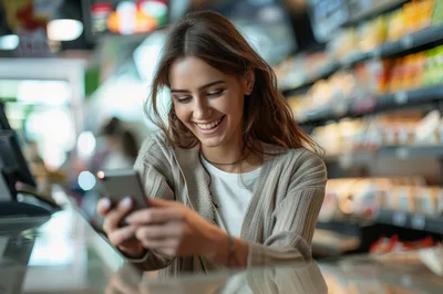 Young Woman Smiling While Using Smartphone In Grocery Store