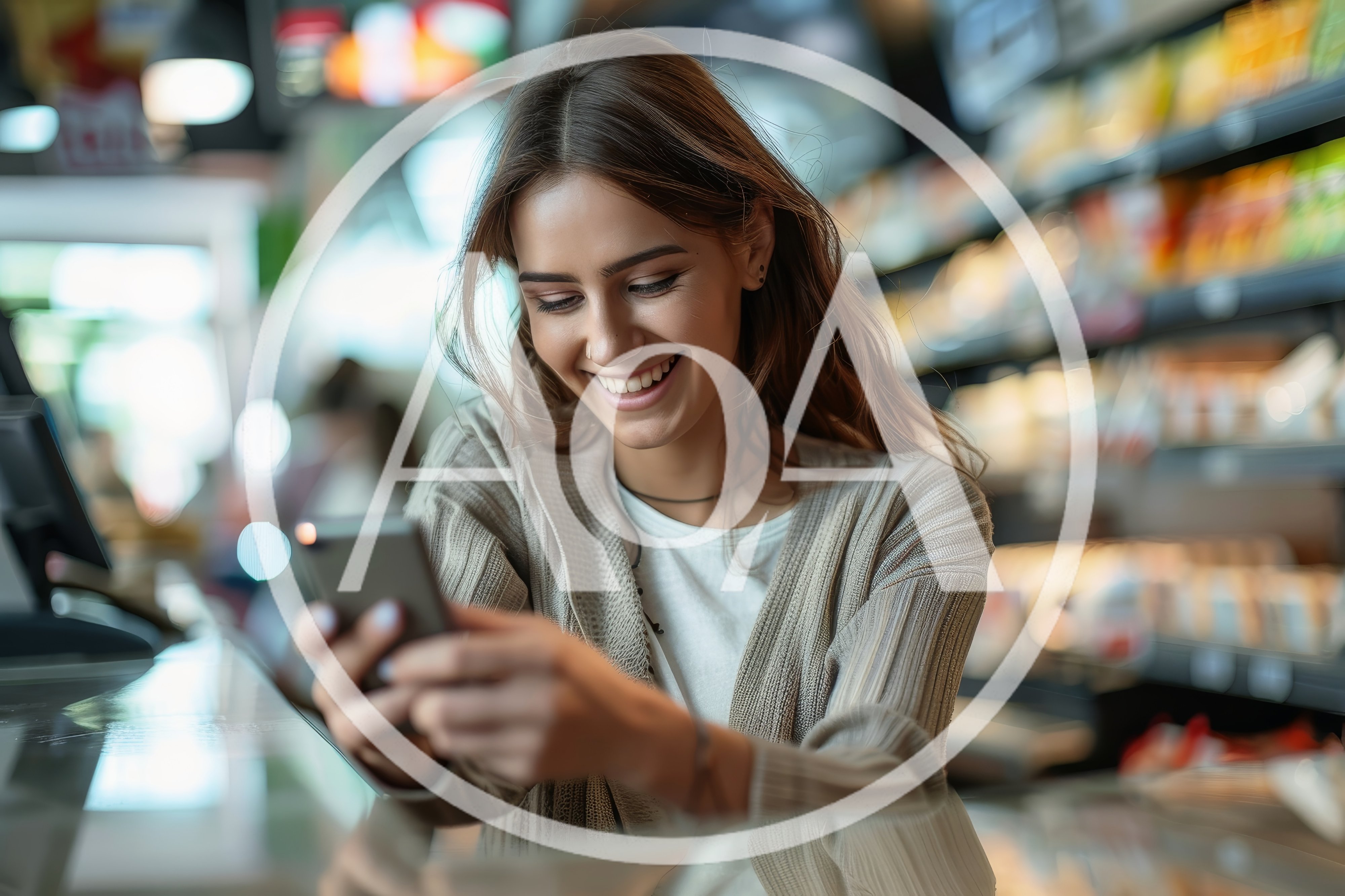 Young Woman Smiling While Using Smartphone In Grocery Store