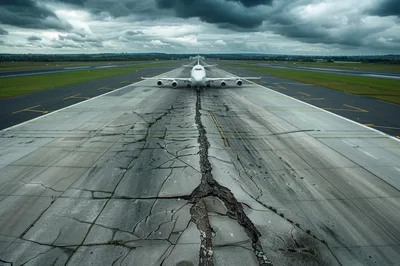 Large Passenger Airplane On A Cracked Airport Runway