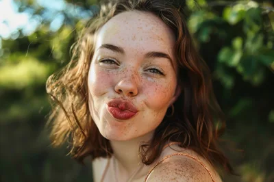 Young Woman With Freckles Pouting Lips Outdoors