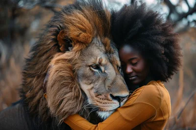 Woman Embracing A Majestic Lion In The Wild