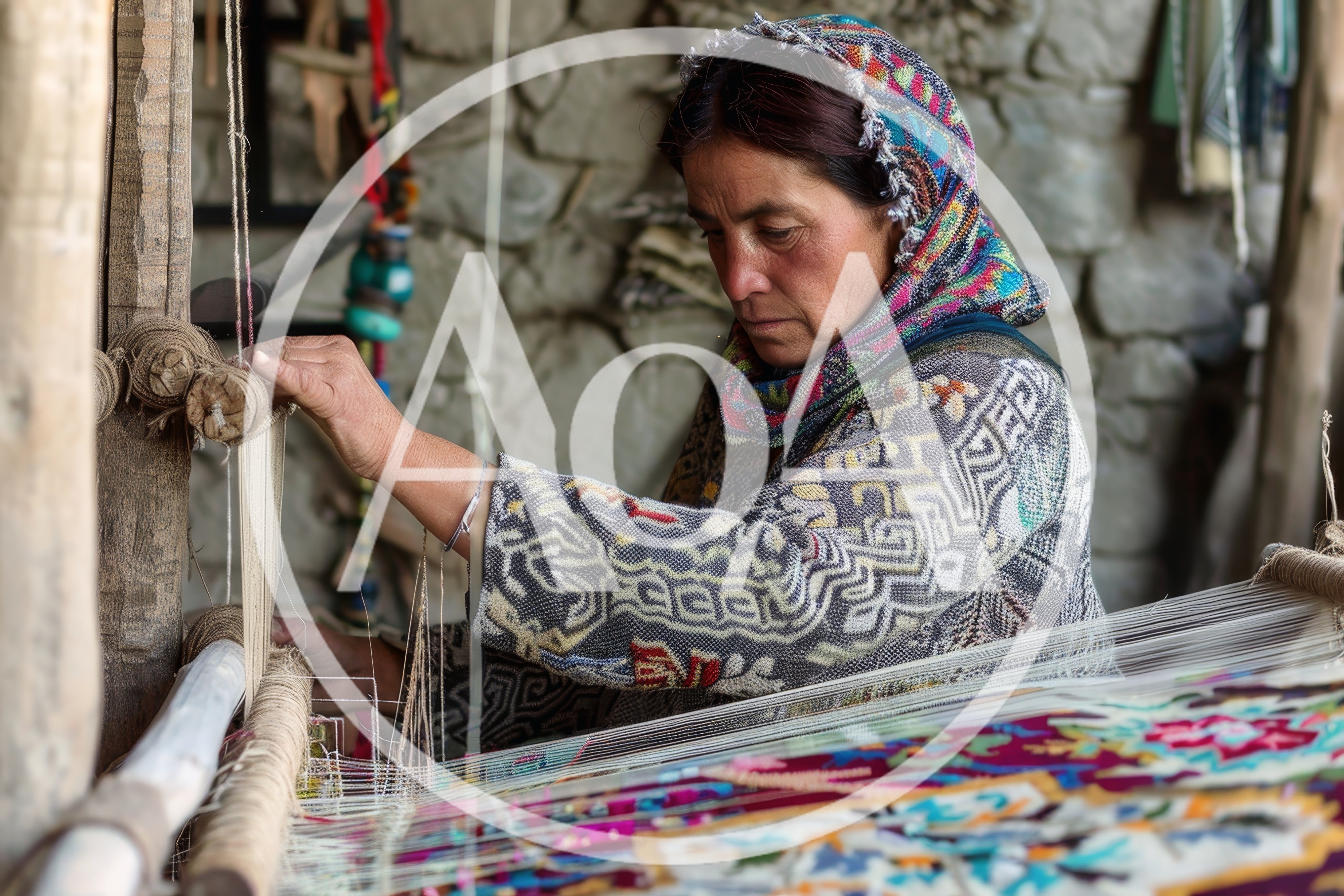 Elderly Woman Weaving Traditional Textile on Wooden Loom