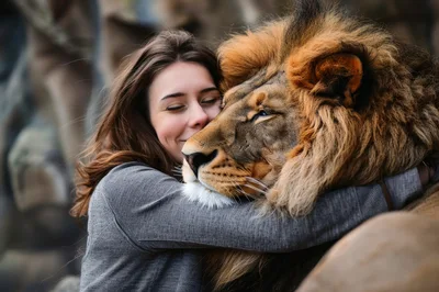 Young Woman Embracing A Large Male Lion