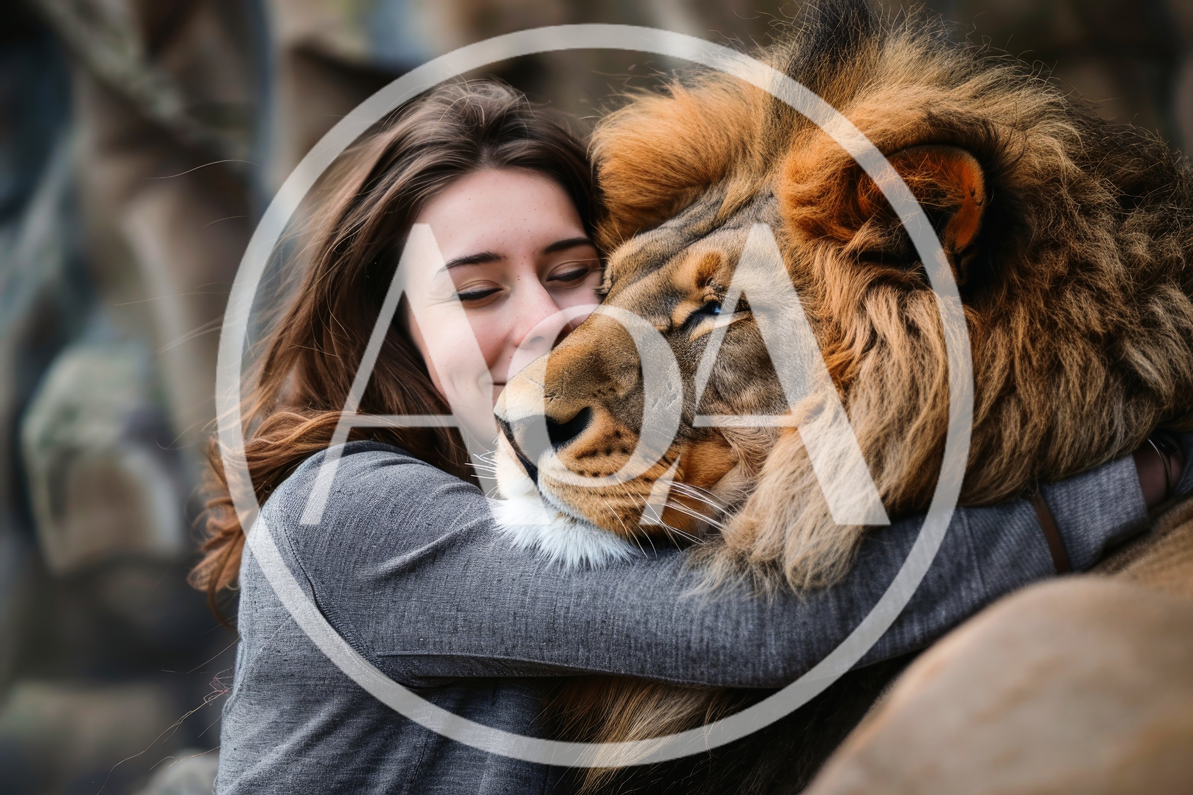 Young Woman Embracing A Large Male Lion