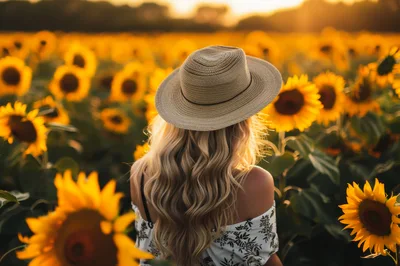 Blonde Woman Wearing A Sun Hat In Sunflower Field
