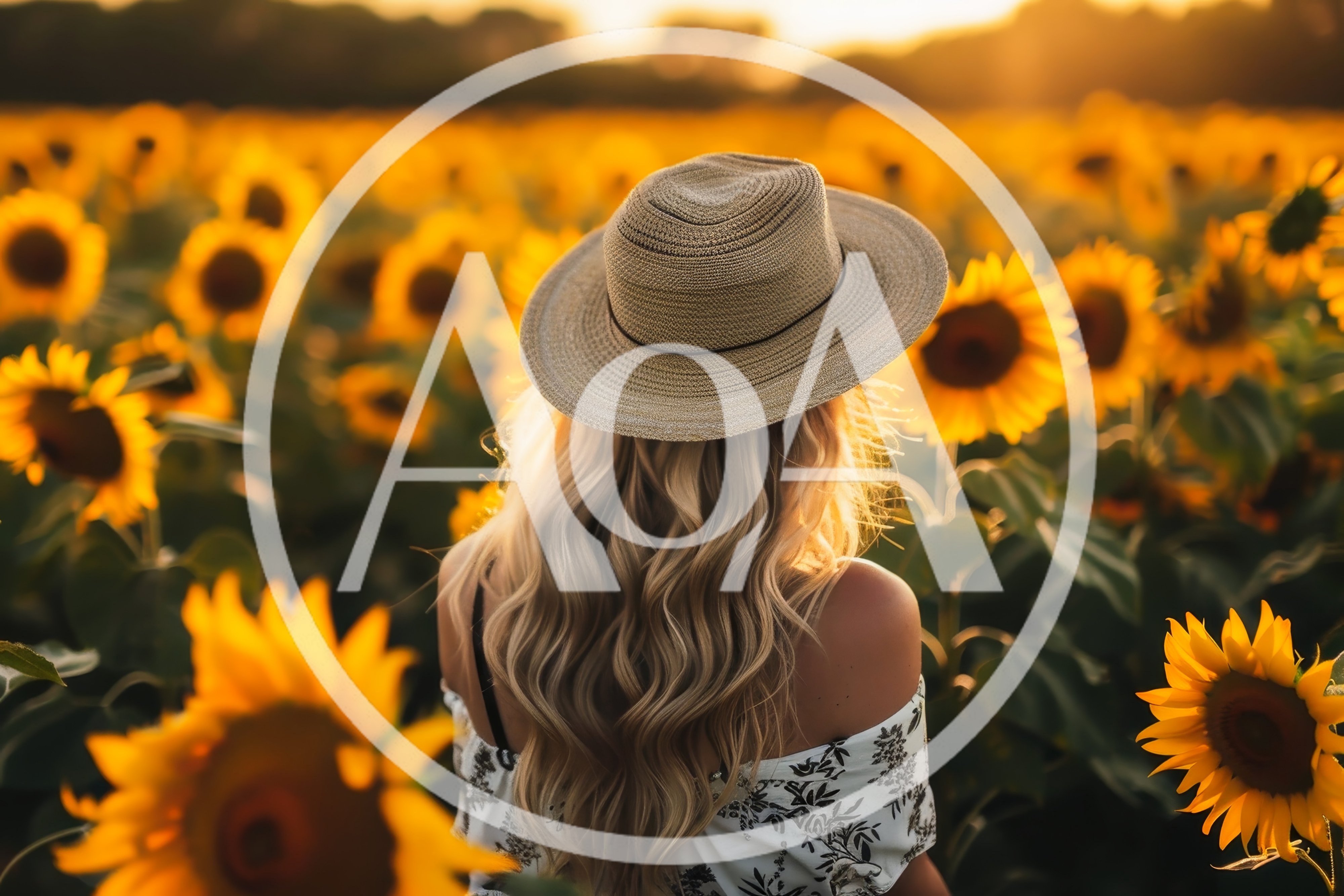 Blonde Woman Wearing A Sun Hat In Sunflower Field