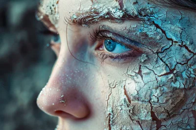 Close Up Portrait Of Woman With Cracked Mud Makeup