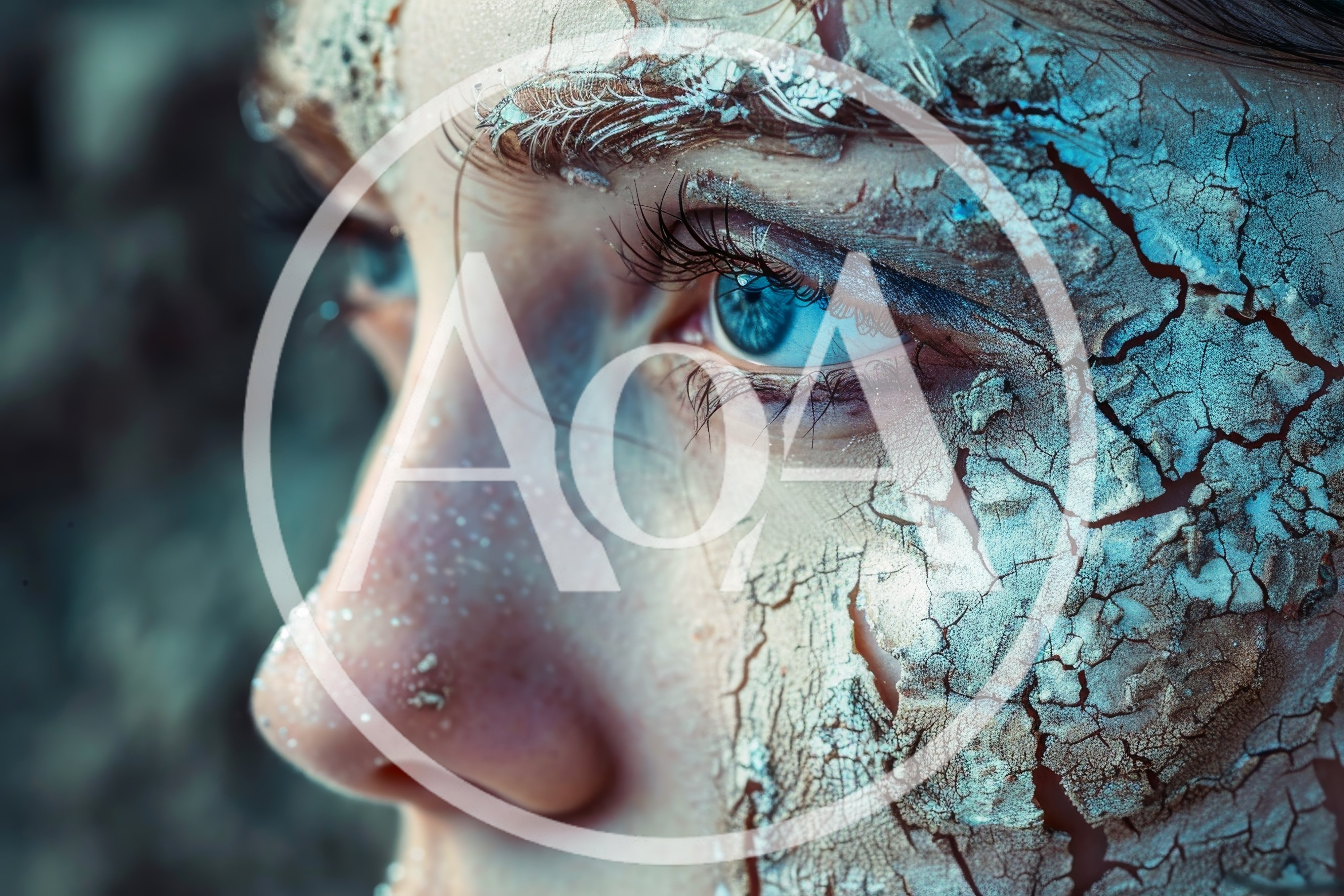 Close Up Portrait Of Woman With Cracked Mud Makeup