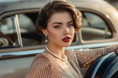 Elegant Woman Posing Beside A Vintage Classic Car
