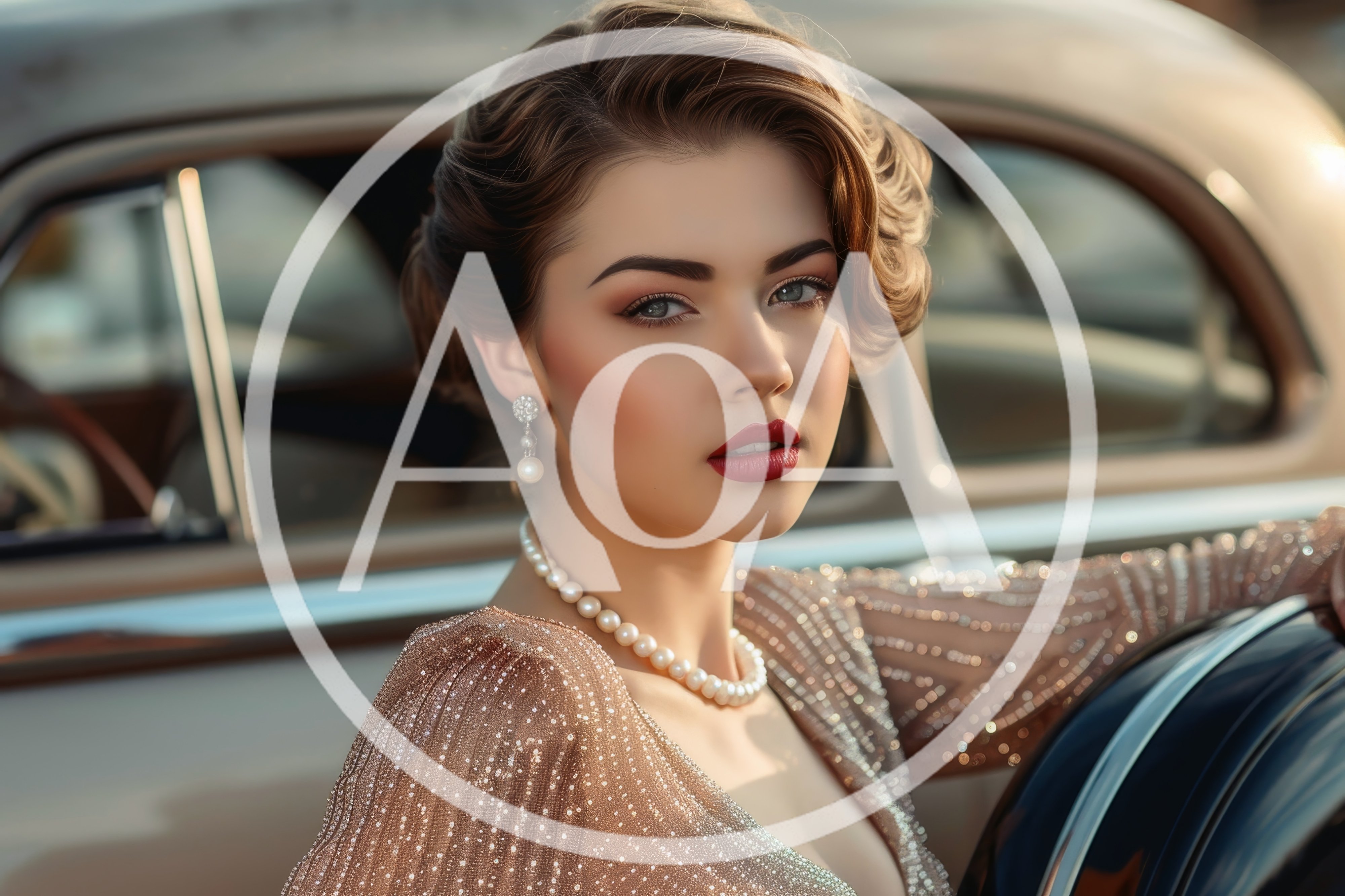 Elegant Woman Posing Beside A Vintage Classic Car