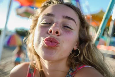 Young Woman Pouting Lips at a Carnival