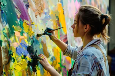 Young Female Artist Painting Abstract Art On Canvas