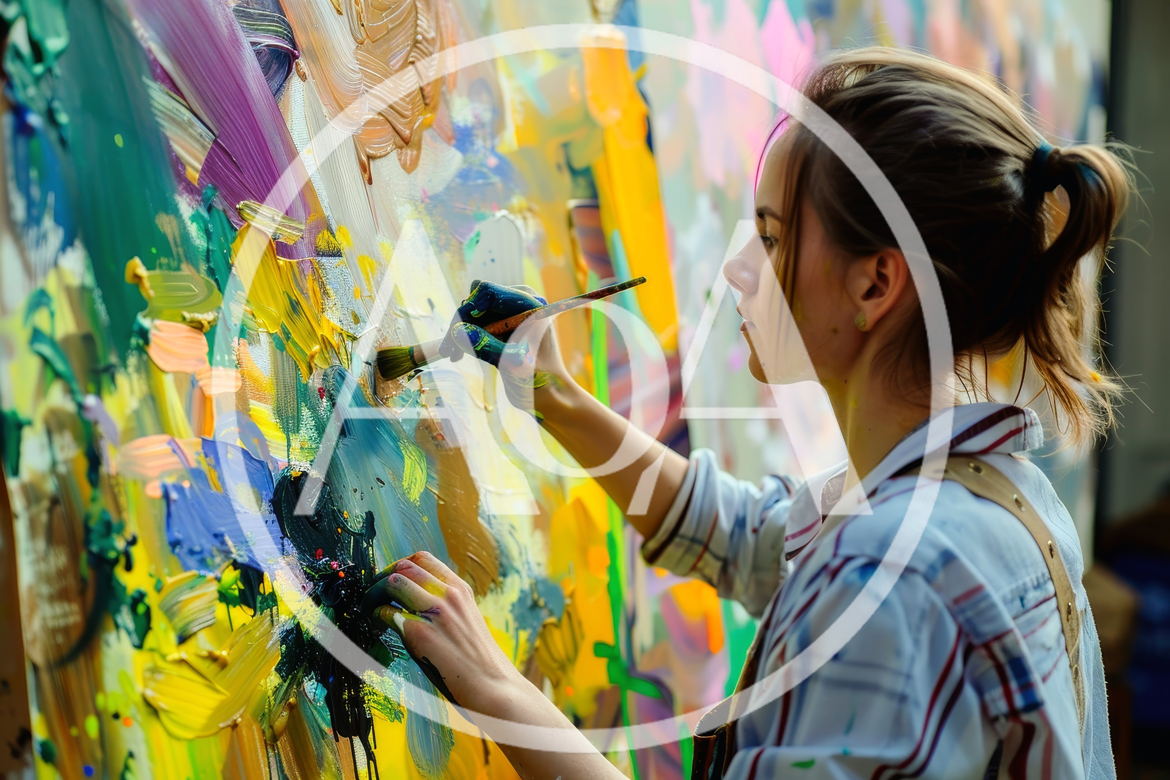 Young Female Artist Painting Abstract Art On Canvas