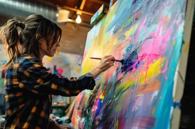 Female Artist Painting Abstract Art On Large Canvas