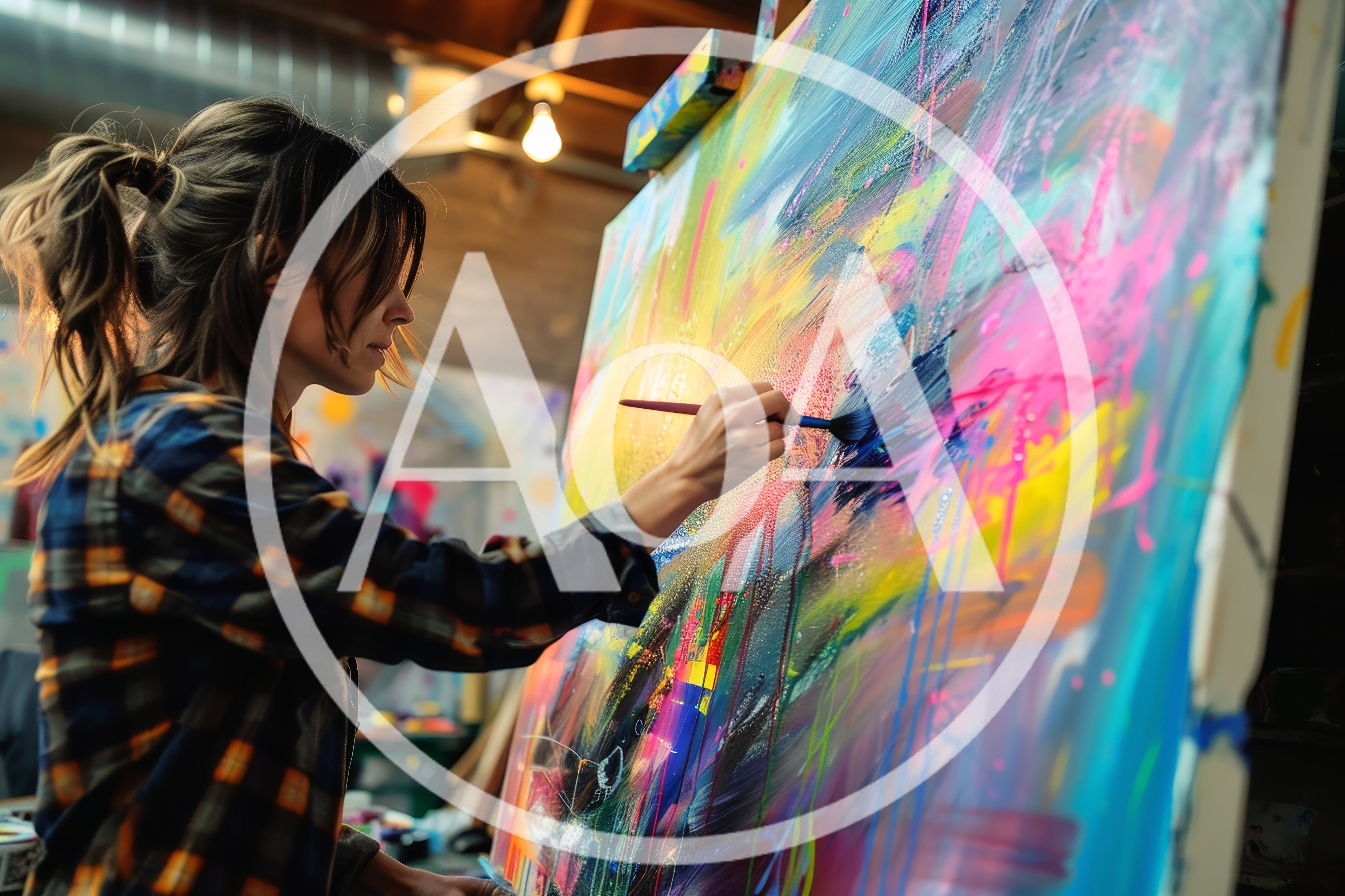 Female Artist Painting Abstract Art On Large Canvas