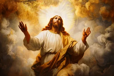 Jesus Christ Ascending Into Heaven Amidst Golden Clouds