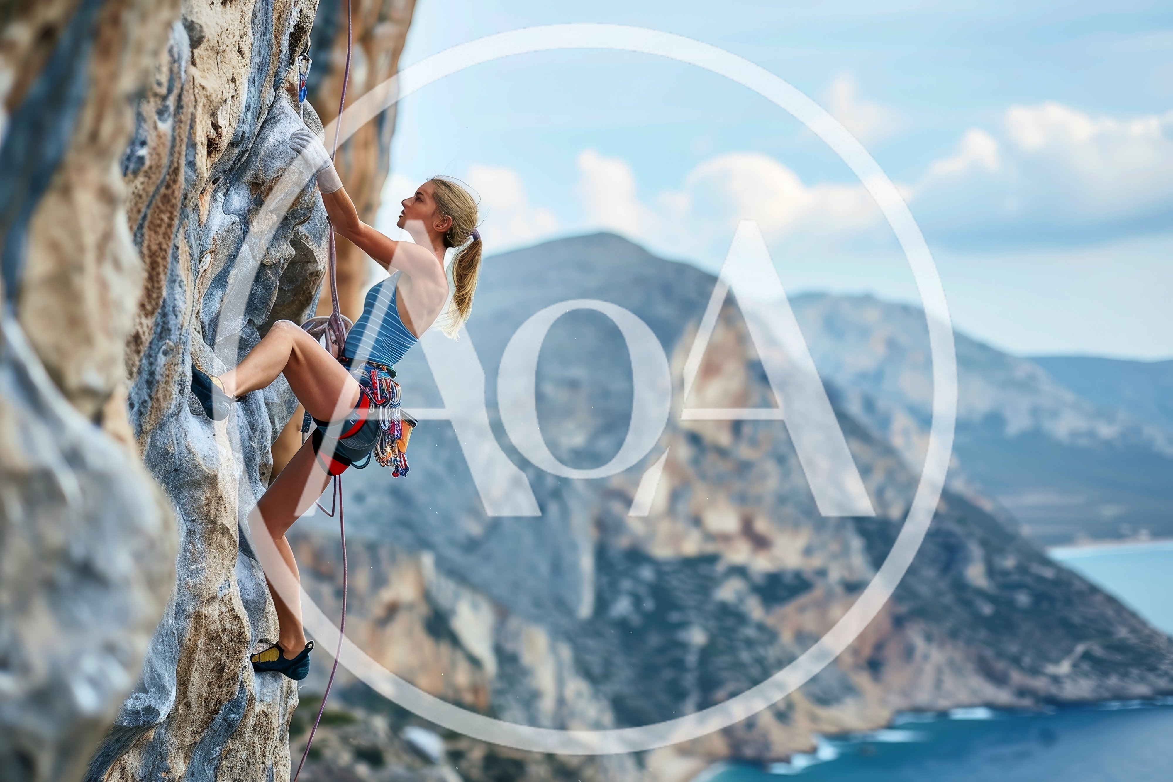 Female Rock Climber Scaling A Steep Coastal Cliff