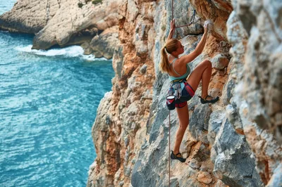 Female Rock Climber Scaling Coastal Cliff Face