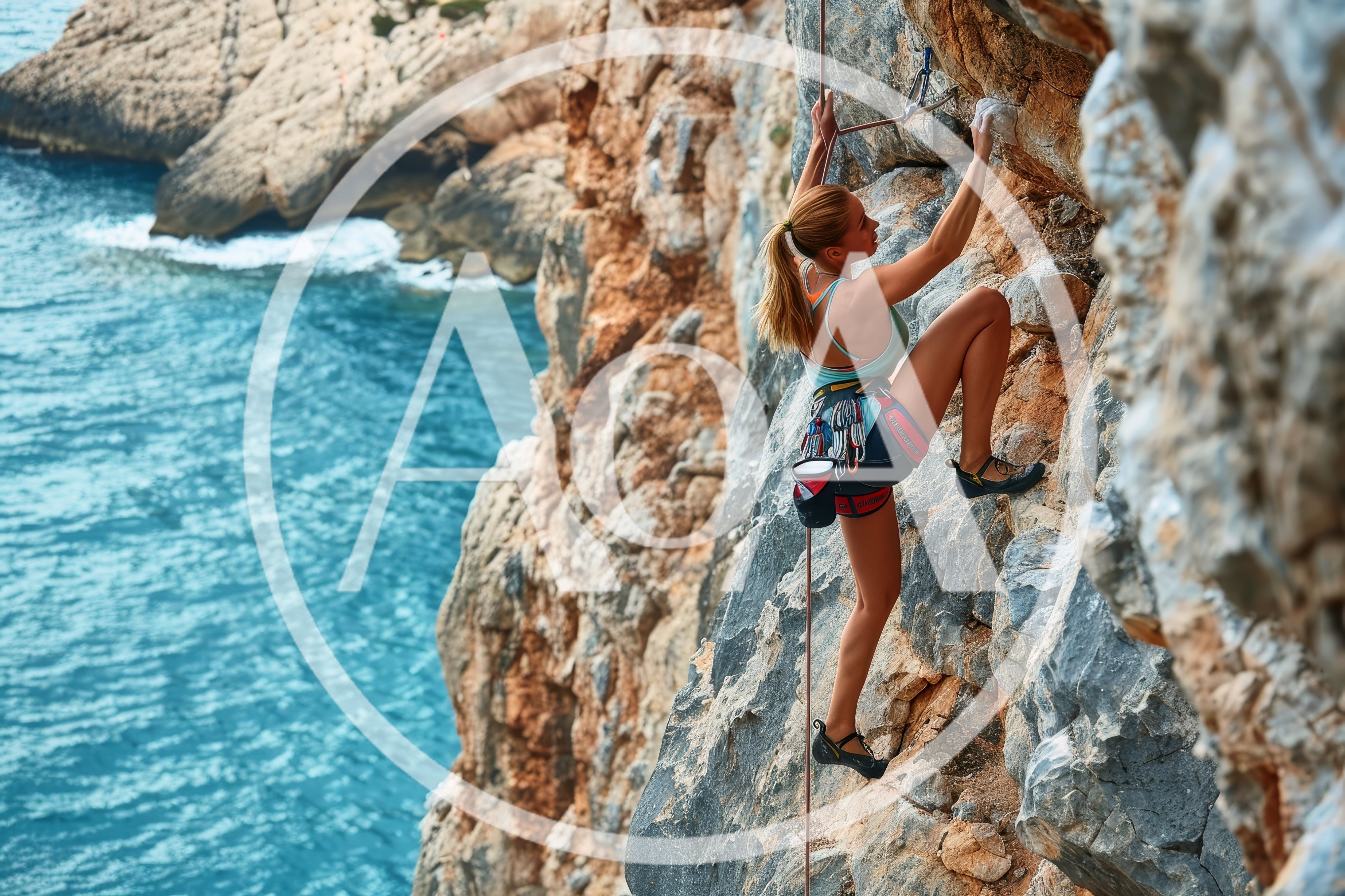 Female Rock Climber Scaling Coastal Cliff Face