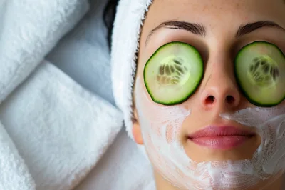 Woman Relaxing With Cucumber Slices And Facial Mask