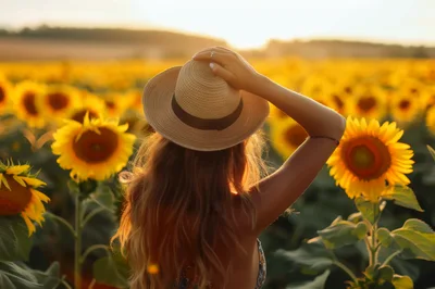Woman Wearing Straw Hat Standing In Sunflower Field