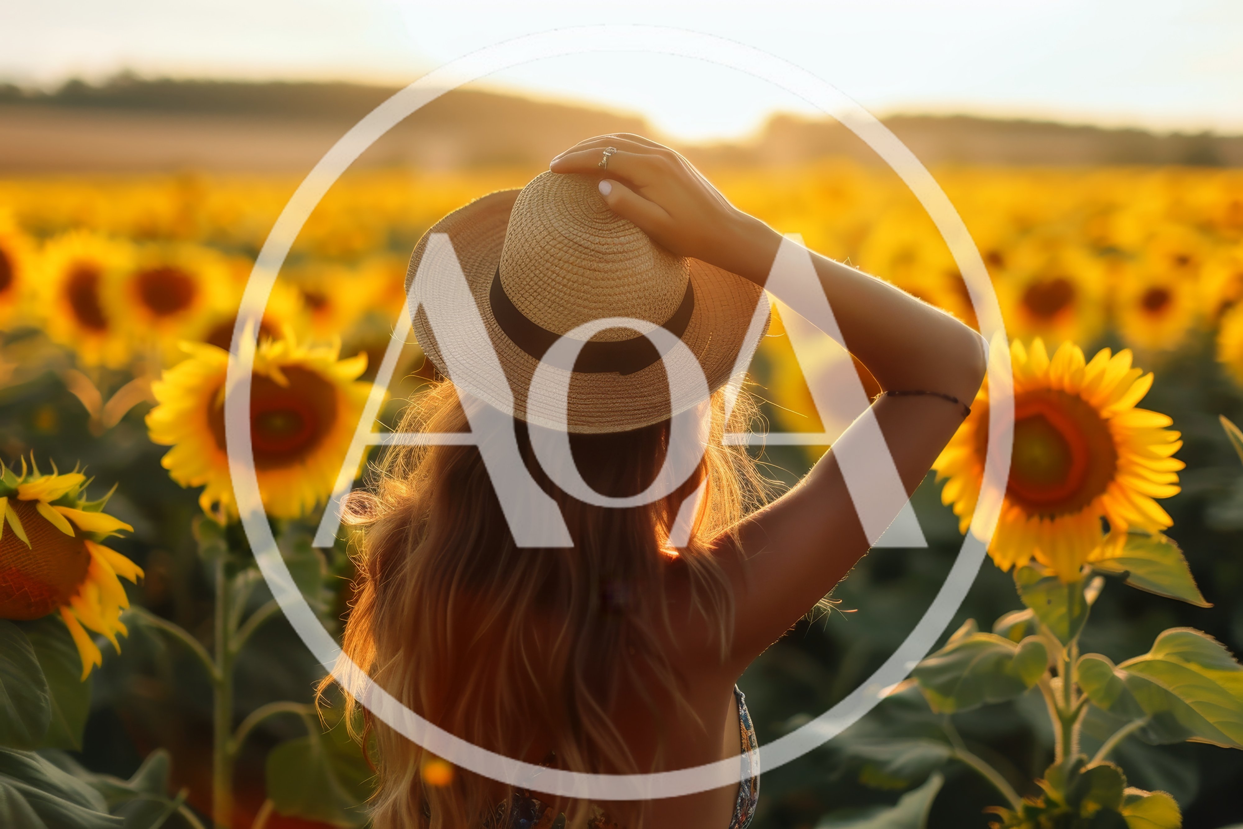 Woman Wearing Straw Hat Standing In Sunflower Field