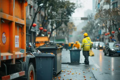 Sanitation Workers Collecting Trash On City Street