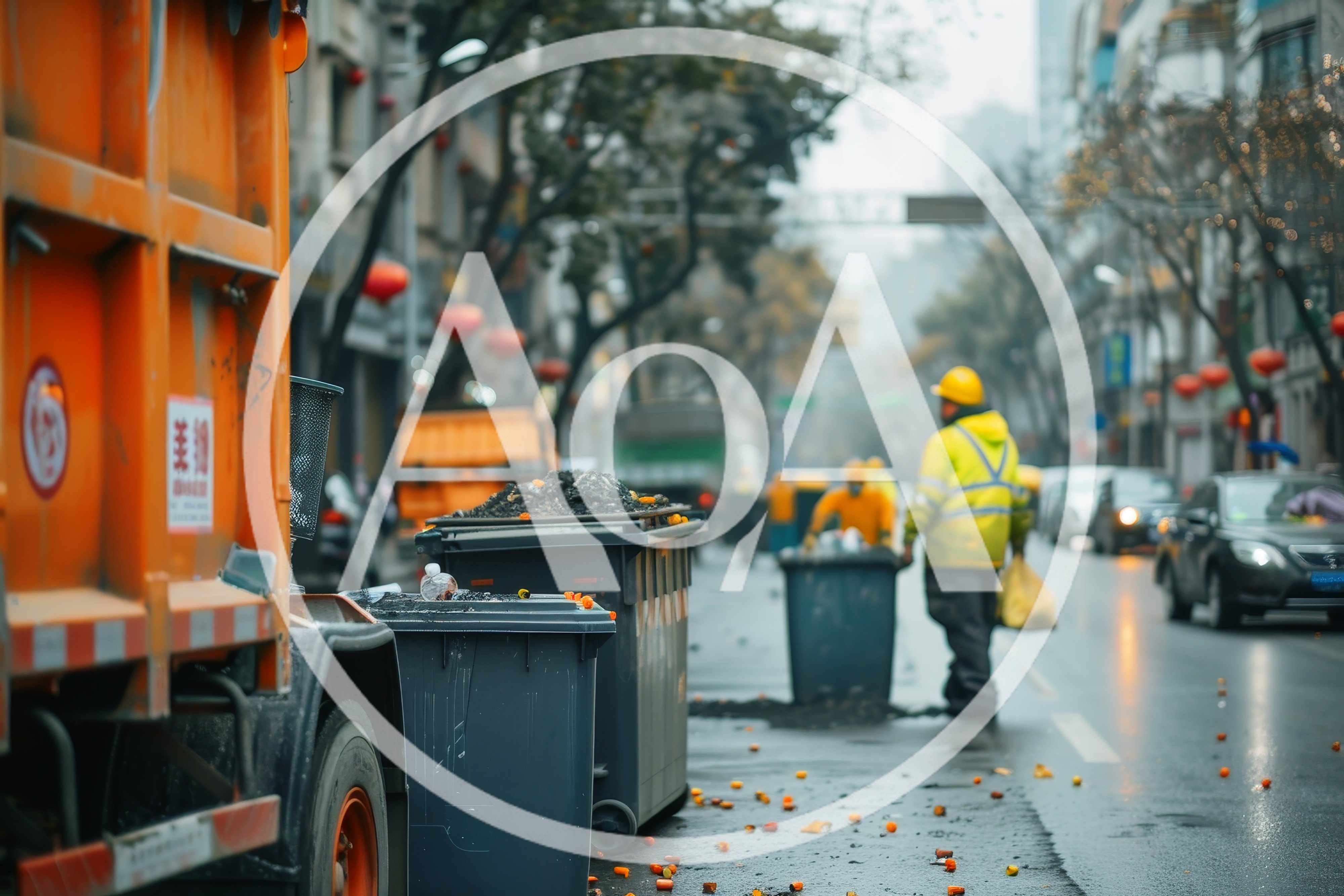Sanitation Workers Collecting Trash On City Street