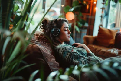 Young Woman Relaxing On Sofa Listening To Music