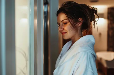 Young Woman In White Bathrobe Relaxing In Hotel Room
