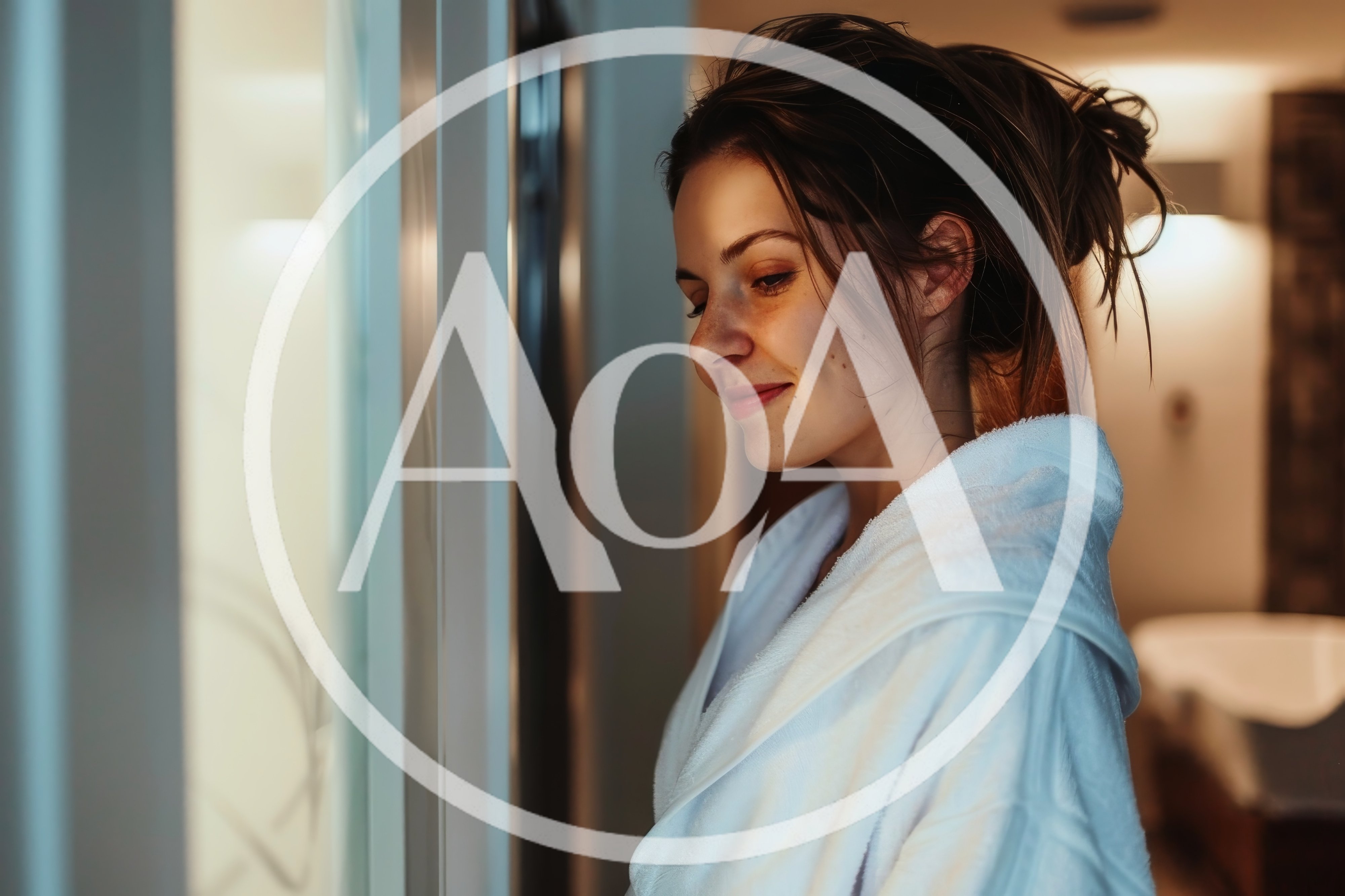 Young Woman In White Bathrobe Relaxing In Hotel Room