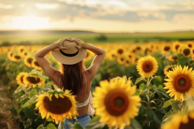 Woman Standing In A Sunflower Field At Sunset