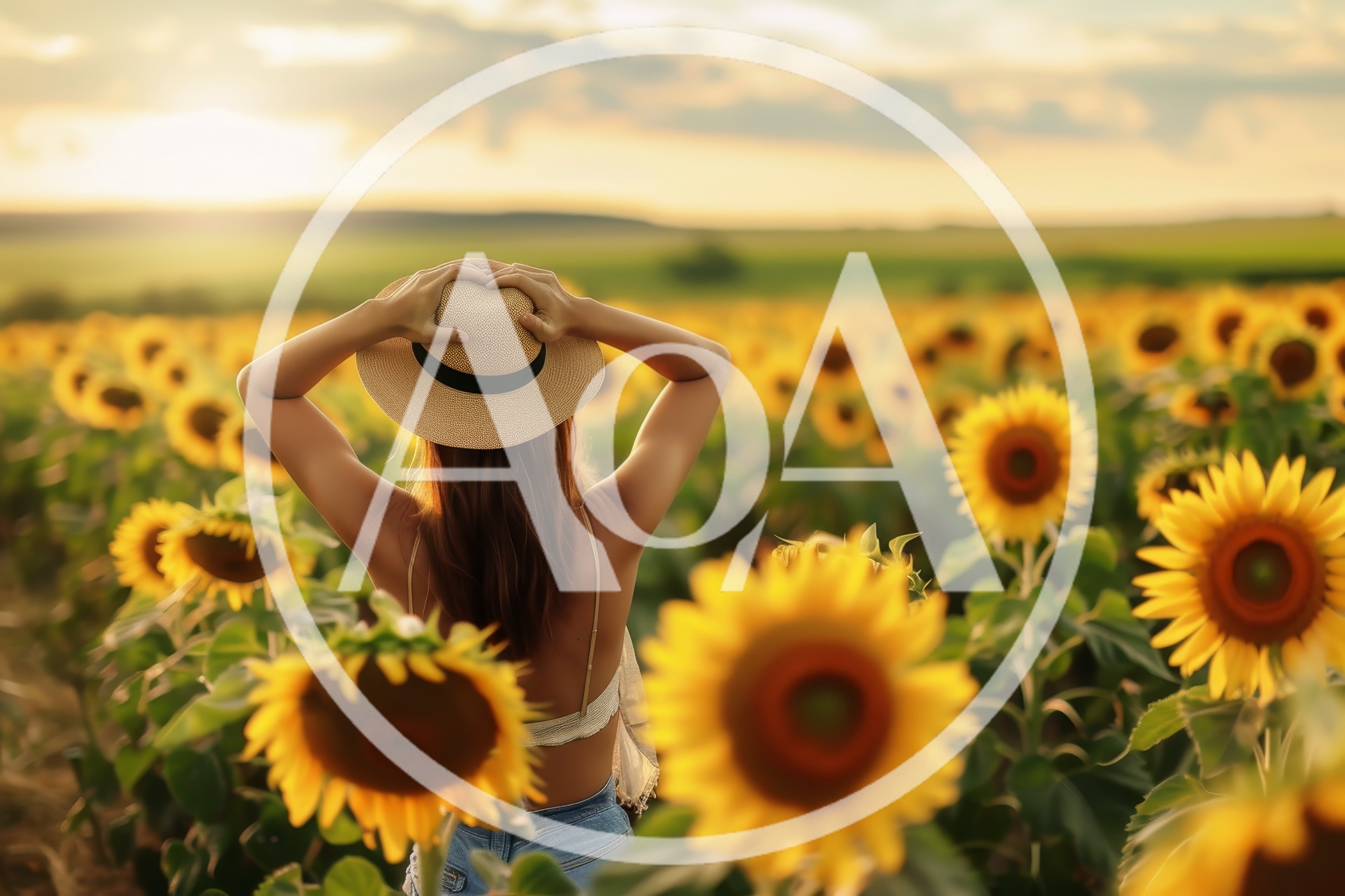 Woman Standing In A Sunflower Field At Sunset