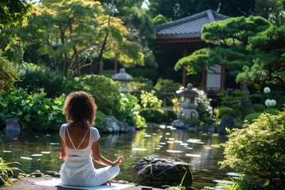 Woman Meditating In A Serene Japanese Garden