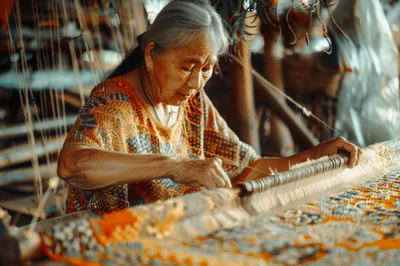 Elderly Woman Weaving Traditional Textile on Loom