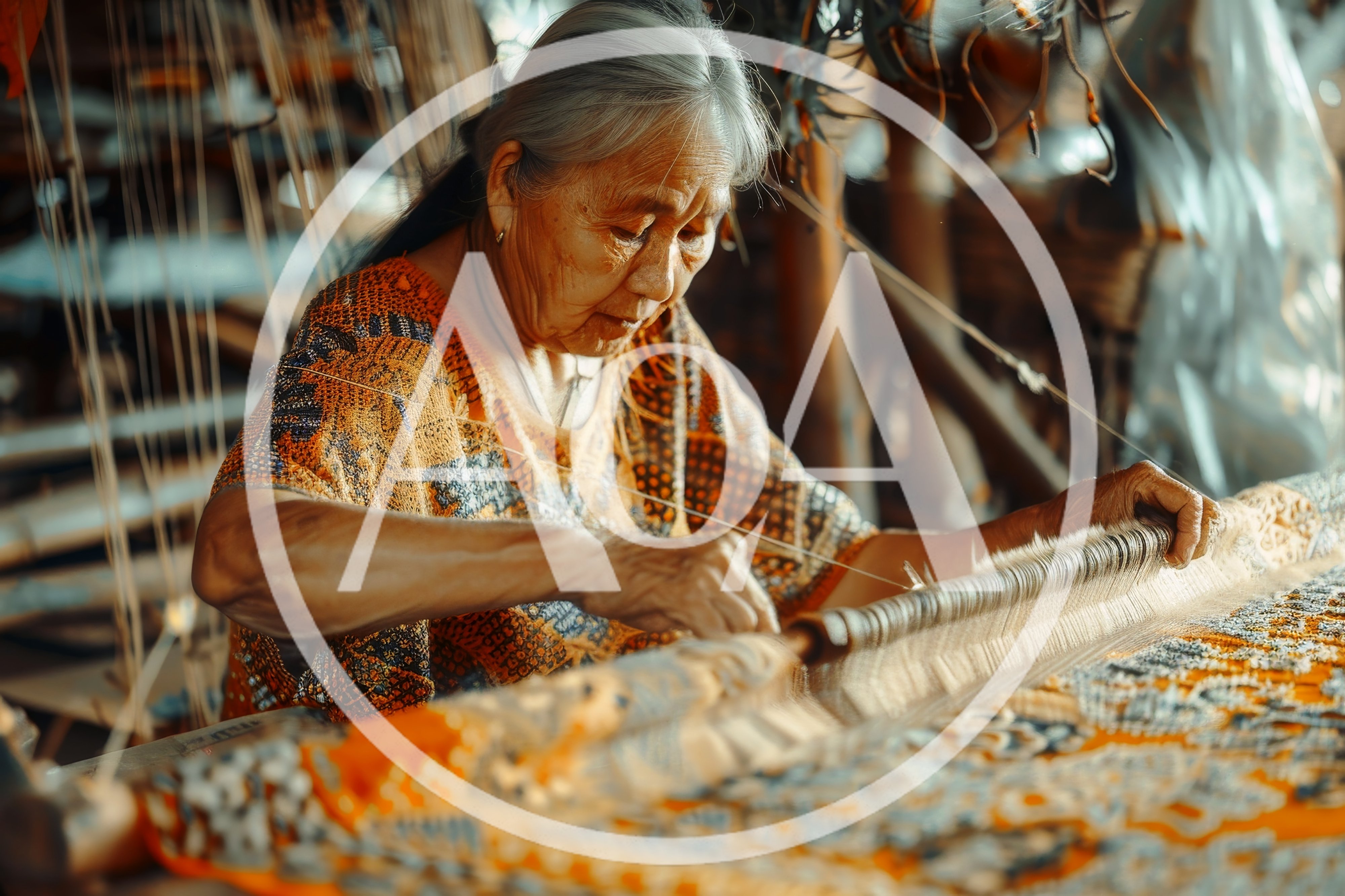 Elderly Woman Weaving Traditional Textile on Loom
