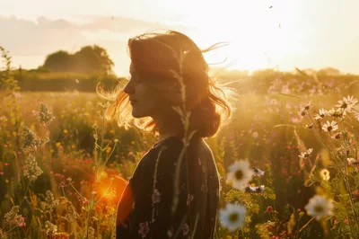 Young Woman Standing In A Wildflower Meadow At Sunset
