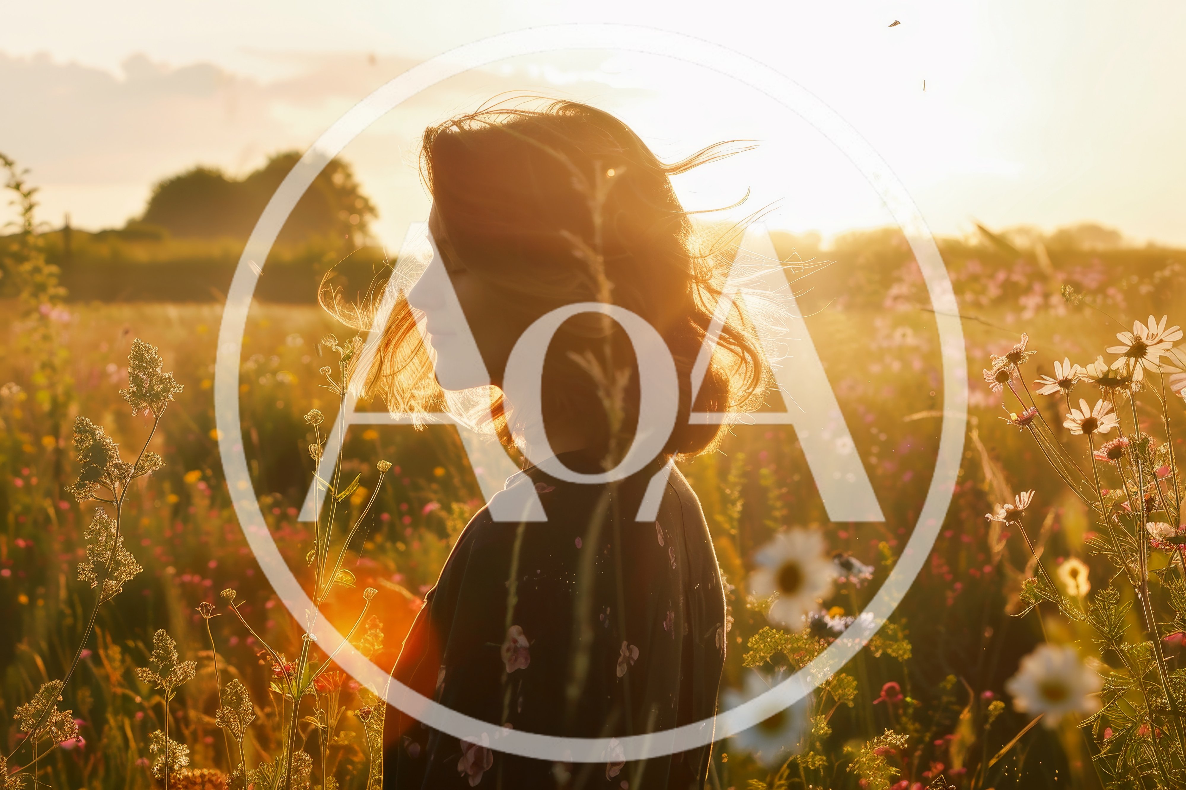 Young Woman Standing In A Wildflower Meadow At Sunset