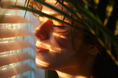 Young Woman Relaxing In Warm Sunlight Through Blinds