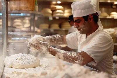 Professional Baker Kneading Dough In A Floury Kitchen