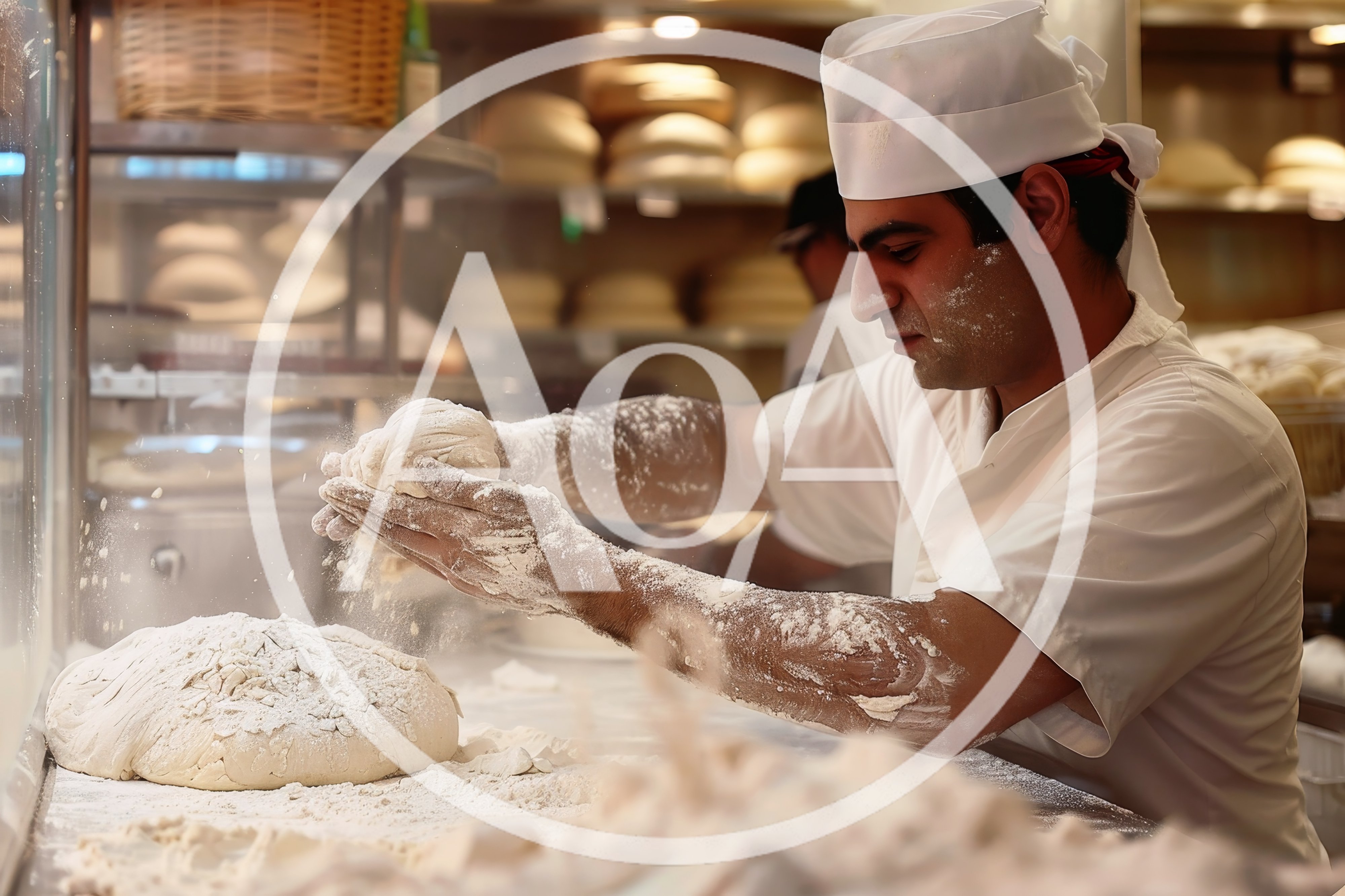 Professional Baker Kneading Dough In A Floury Kitchen