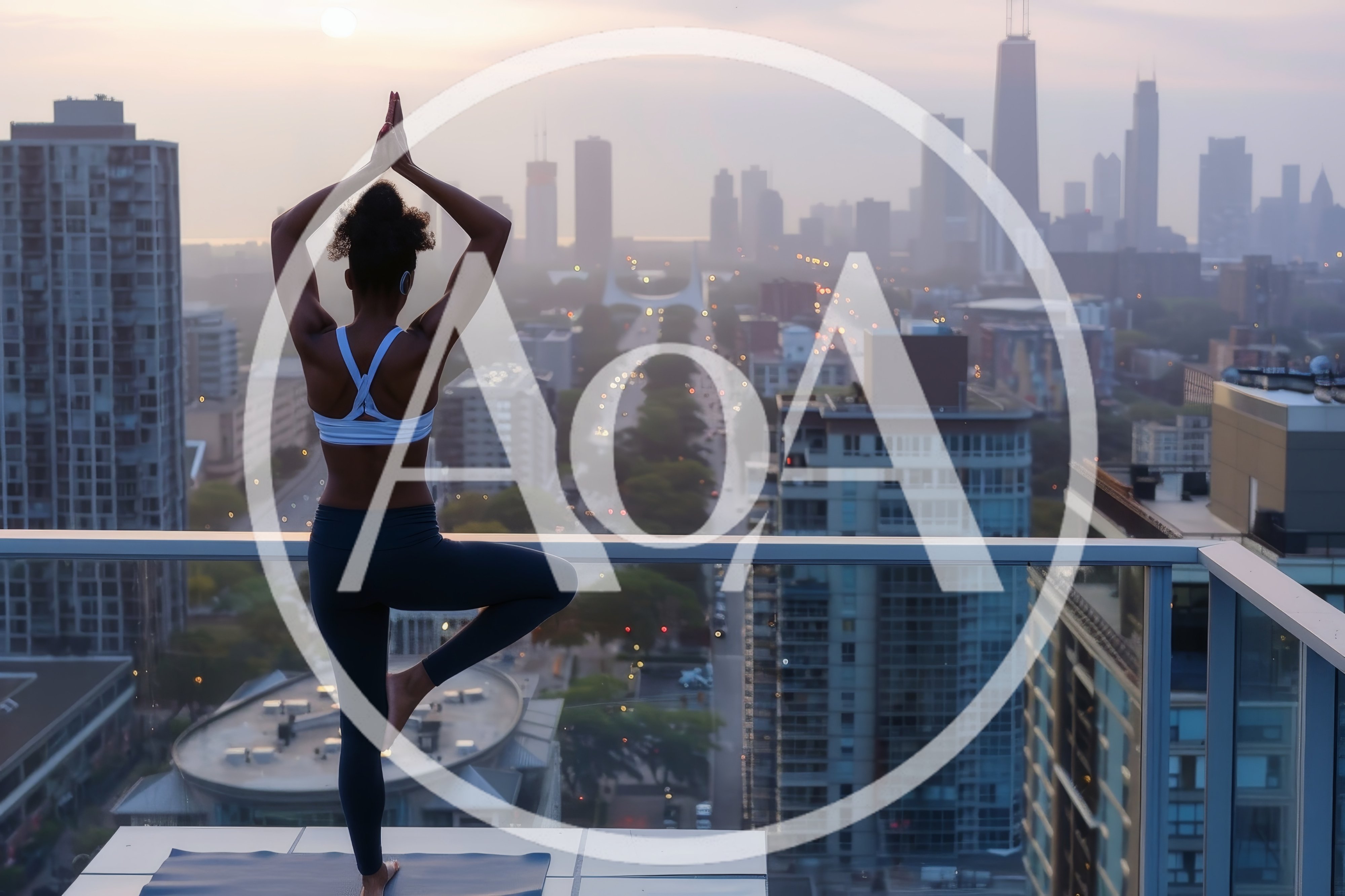 Woman Practicing Tree Pose Yoga on Rooftop at Sunset