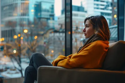 Pensive Woman Sitting By A City Window