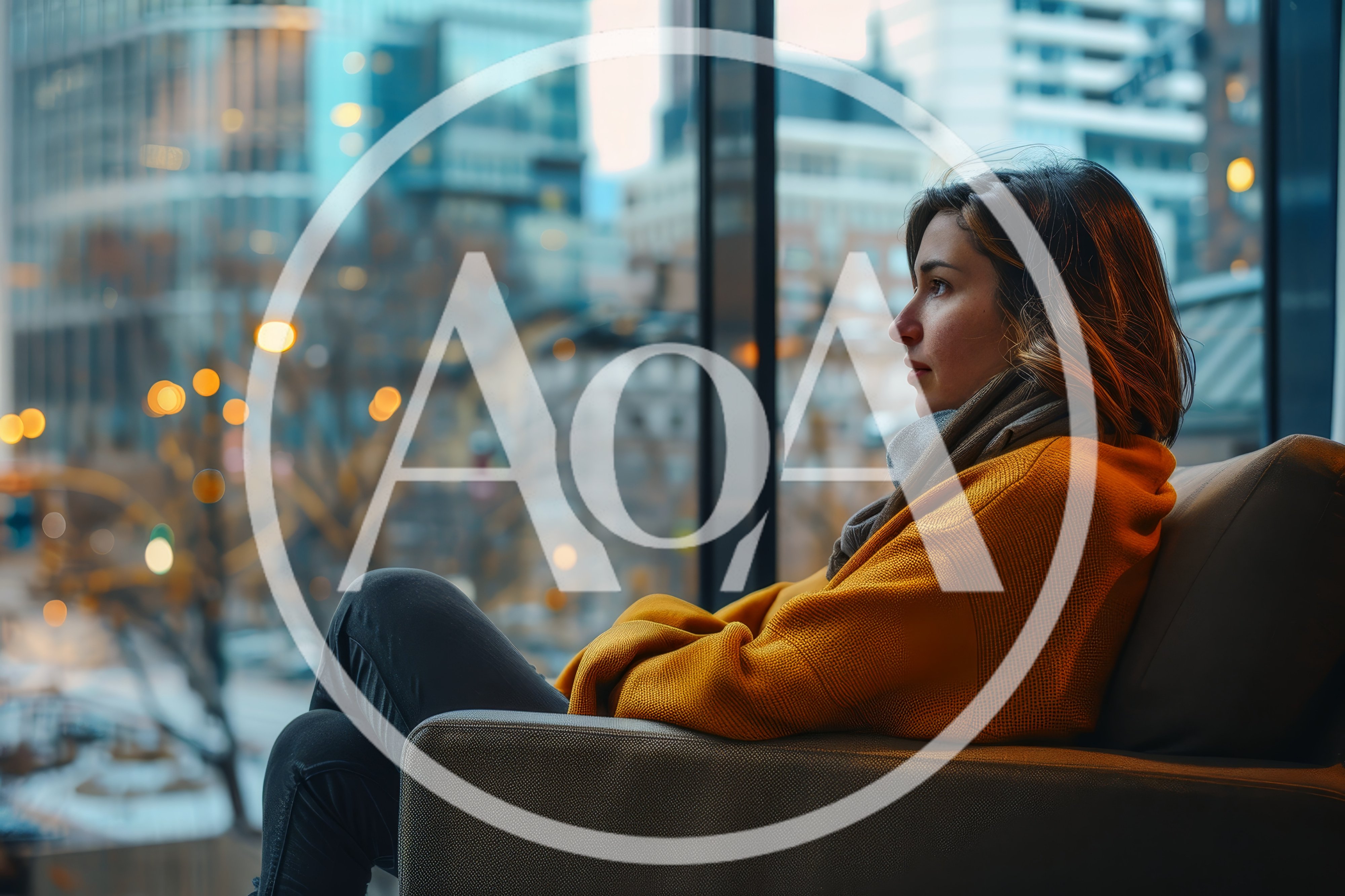 Pensive Woman Sitting By A City Window